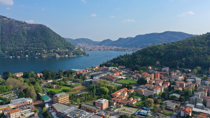 Naklejka na ściany i meble Aerial drone panoramic photo of famous beautiful lake Como one of the deepest in Europe, Lombardy, Italy