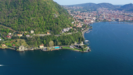 Aerial drone panoramic photo of famous beautiful lake Como one of the deepest in Europe, Lombardy, Italy