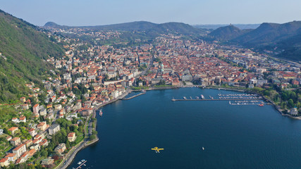 Aerial drone panoramic photo of famous beautiful lake Como one of the deepest in Europe, Lombardy, Italy