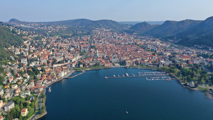 Fototapeta premium Aerial drone panoramic photo of famous beautiful lake Como one of the deepest in Europe, Lombardy, Italy