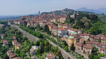 Aerial drone photo of iconic and beautiful old fortified upper Medieval city of Bergamo, Lombardy,...