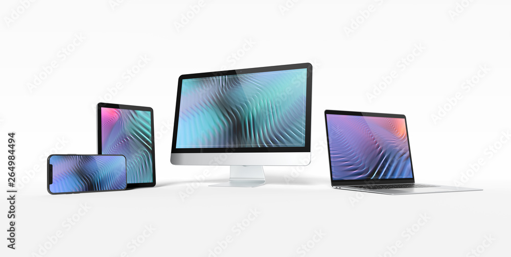 Poster modern devices with smartphone laptop computer and tablet aligned and isolated on white mockup 3d re