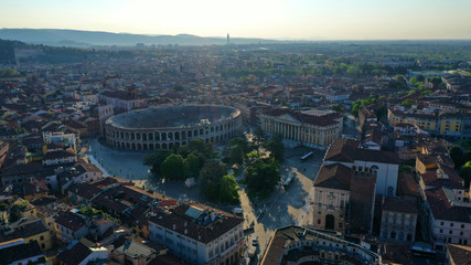 Aerial drone photo from iconic Arena and City Hall in Bra square of beautiful city of Verona, Veneto, Italy