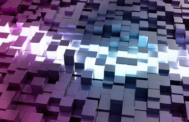 Glowing black blue and pink squares background pattern 3D rendering