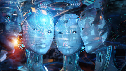 Group of female robots heads using digital hologram screens 3d rendering