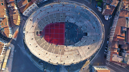 Aerial drone photo from iconic Arena and City Hall in Bra square of beautiful city of Verona, Veneto, Italy