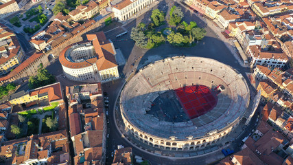 Aerial drone photo from iconic Arena and City Hall in Bra square of beautiful city of Verona,...