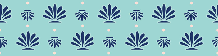 Fototapeta na wymiar Scallop shell seamless border design in cool blue, turquoise and green. Horizontal repeat vector for tile edging, beach house decor, ribbon, banners, swimwear trim and graphic design uses.