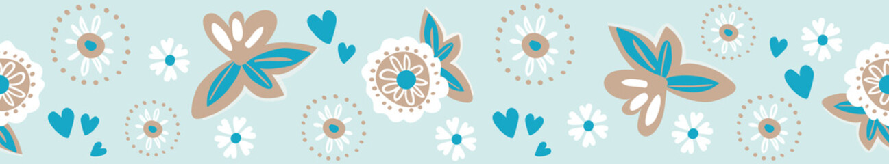 Modern, romantic floral seamless border, perfect for textile and fashion designs, ribbon and wedding decorations. Soft turquoise with white, teal and brown. Lovely for beach weddings trims.