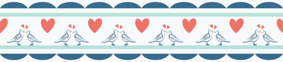 Modern seagulls with hearts border pattern and nautical flair. Perfect for romantic journeys and celebrations Promote your seaside cottage or cruise as a wedding or engagement trip destination.