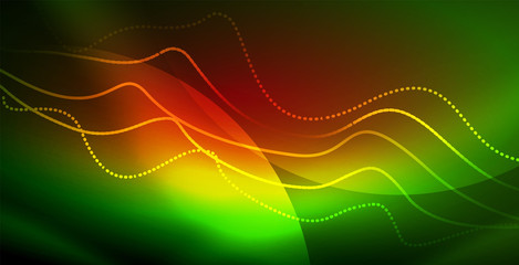 Glowing abstract wave on dark, shiny motion, magic space light. Techno abstract background