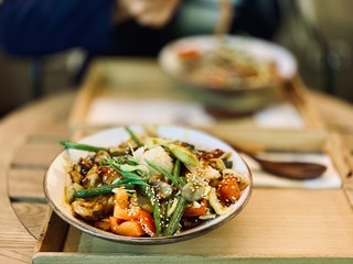 Rise with vegetables. Healthy food lunch on the food tray.