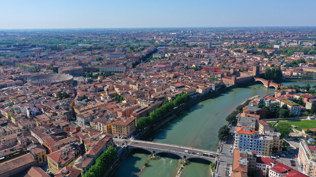 Aerial drone panoramic photo from iconic city of Verona, Italy