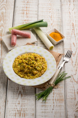 risotto with sausage leek turmeric and chive