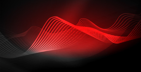 Glowing abstract wave on dark, shiny motion, magic space light. Techno abstract background