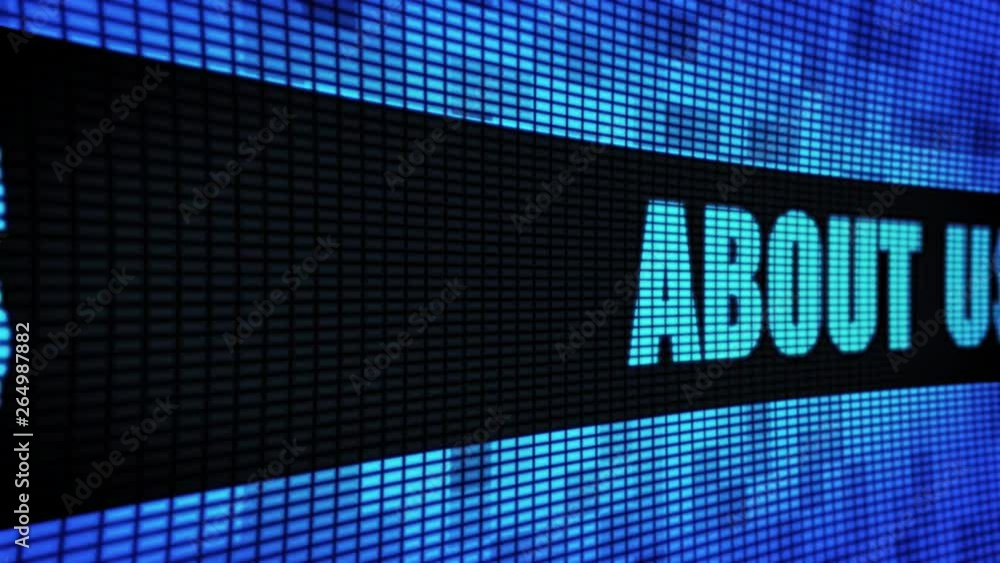 Poster about us side text scrolling on light blue digital led display board pixel light screen looped anima