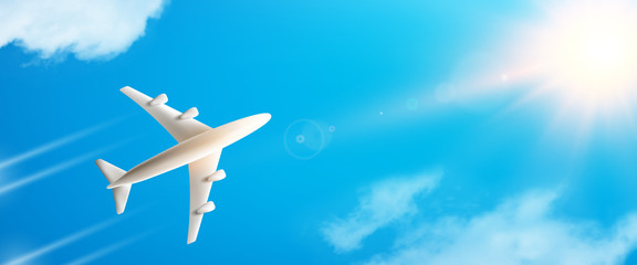 sky background with airplane from below - vacation time