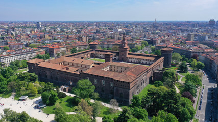 Fototapeta na wymiar Aerial drone photo of iconic medieval Castle of Sforza or Castello Sforzesco and beautiful Sempione park in the heart of Milan, Lombardy, Italy