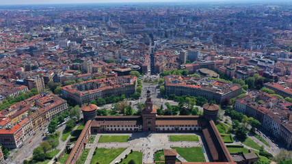 Aerial drone photo of iconic medieval Castle of Sforza or Castello Sforzesco and beautiful Sempione park in the heart of Milan, Lombardy, Italy
