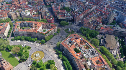 Aerial drone photo of iconic medieval Castle of Sforza or Castello Sforzesco and beautiful Sempione park in the heart of Milan, Lombardy, Italy