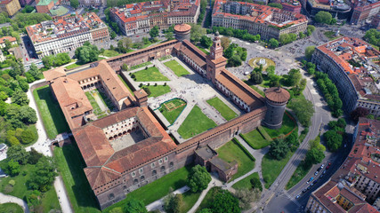 Aerial drone photo of iconic medieval Castle of Sforza or Castello Sforzesco and beautiful Sempione park in the heart of Milan, Lombardy, Italy