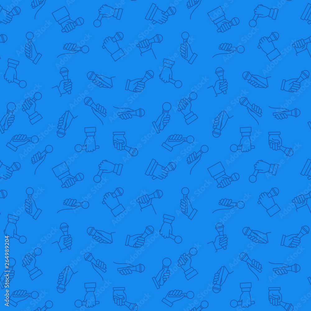 Poster hand with microphone linear vector blue concept seamless pattern or background