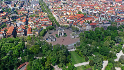 Fototapeta na wymiar Aerial drone photo of iconic Arch of Peace or Arco della Pace in beautiful Sempione park in the heart of Milan, Lombardy, Italy
