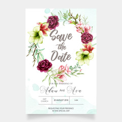 wedding invitation template with watercolor amaryllis and rose flowers