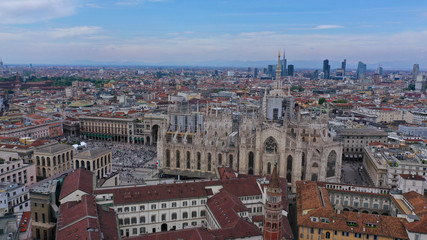 Fototapeta premium Aerial drone photo of iconic Cathedral and square of Duomo one of the biggest in the world, Milan, Lombardy, Italy
