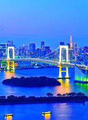 View of the Tokyo Bay and Rainbow Bridge at night in Tokyo.