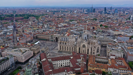 Fototapeta premium Aerial drone photo of iconic Cathedral and square of Duomo one of the biggest in the world, Milan, Lombardy, Italy