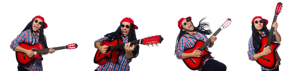 Man with dreadlocks holding guitar isolated on white