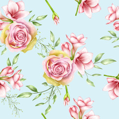 seamless pattern watercolor amaryllis and rose flowers