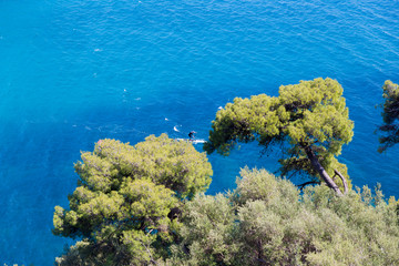 Naklejka na ściany i meble parga sea island blue among green pine trees greece