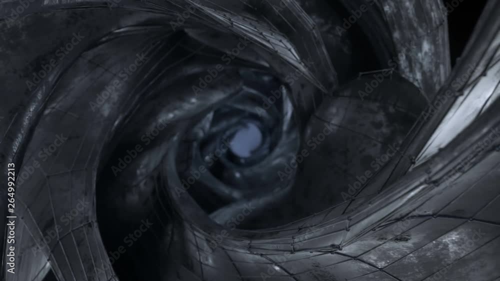 Poster futuristic wormhole with black metallic walls. science fiction design. seamless loop 3d render anima