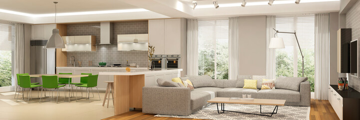 Modern interior of living room and kitchen in house or apartment. 3d rendering.