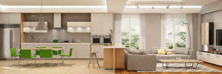 Modern interior of living room and kitchen in house or apartment. 3d rendering.