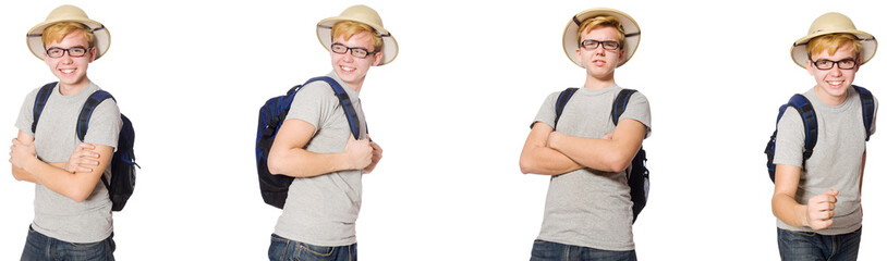 Young boy in cork helmet with backpack 