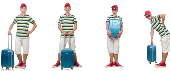 Fototapeta na wymiar Young man with suitcase isolated on white 