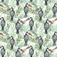 Watercolor toucan seamless pattern. Hand painted illustration with tropical bird and palm leaves isolated on white background. Wildlife illustration for design, print, fabric, background.