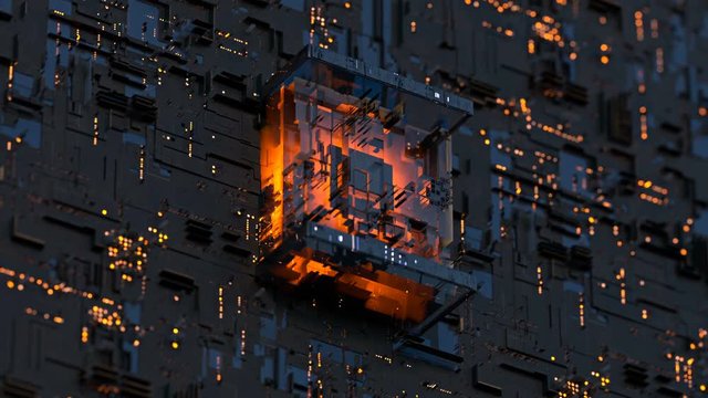 Central processing unit. Computer science or electronics engineering design. Seamless loop 3D render animation with DOF