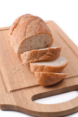 Sourdough Loaf at cutting board isolated on white background, Top view