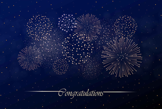 Big realistic firework show on night sky background. Independence day concept. Congratulations background. Luxury abstract. Explosion concept. Galaxy show. Vector illustration