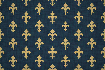 Vintage luxury Fleur-de-lis seamless royal background. France historic  ornamental pattern with heraldic symbol fleur-de-lis. Blue and gold style immaculate virgin symbolics. Vector illustration © boxerx