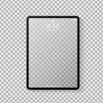 Realistic tablet computer mockup with transparent empty lock screen. Modern tablet PC template design isolated on grey transparent background. Vector Illustration