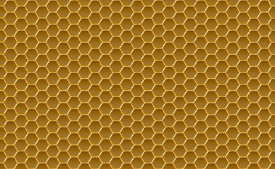 Gold honey hexagonal cells seamless texture. Mosaic or speaker fabric shape pattern. Golden honeyed comb grid texture and geometric hive hexagonal honeycombs. Vector illustration