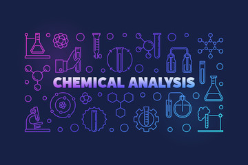 Chemical Analysis colorful outline horizontal banner. Vector chemistry creative illustration on dark background