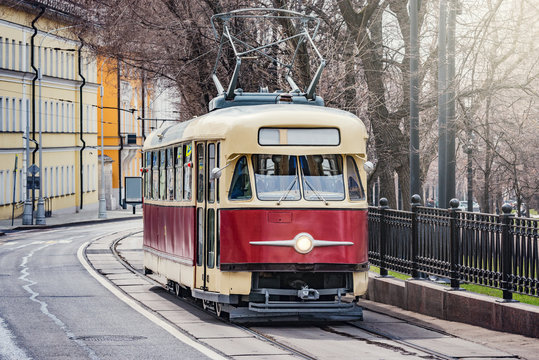 Old vintage tramway cars on the empty city street. Moscow. Russia. © serjiob74