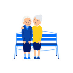 Two old women. Elderly female people. Friendship concept. Pensioners are sitting on bench. Happy retirement. Embrace. Cute cartoon character. Illustration isolated on white background in flat style