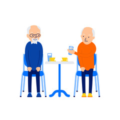 Old man drinking. Men leisure together. Modern caucasian senior drink tea or coffee. Aged friends sitting at table. Celebration concept. Illustration isolated on white background in flat style